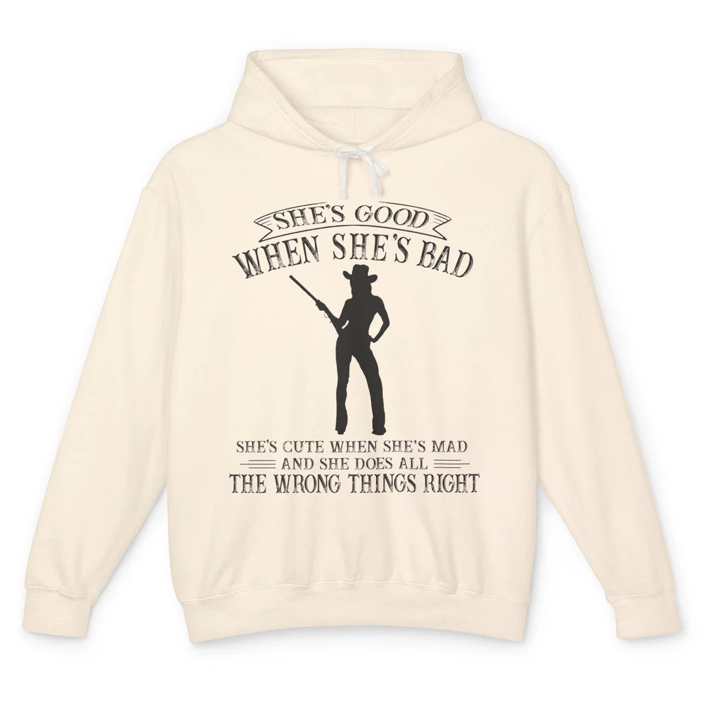 Retro Cowgirl She's Good When She's Bad Western Country Girl Unisex Lightweight Hoodie