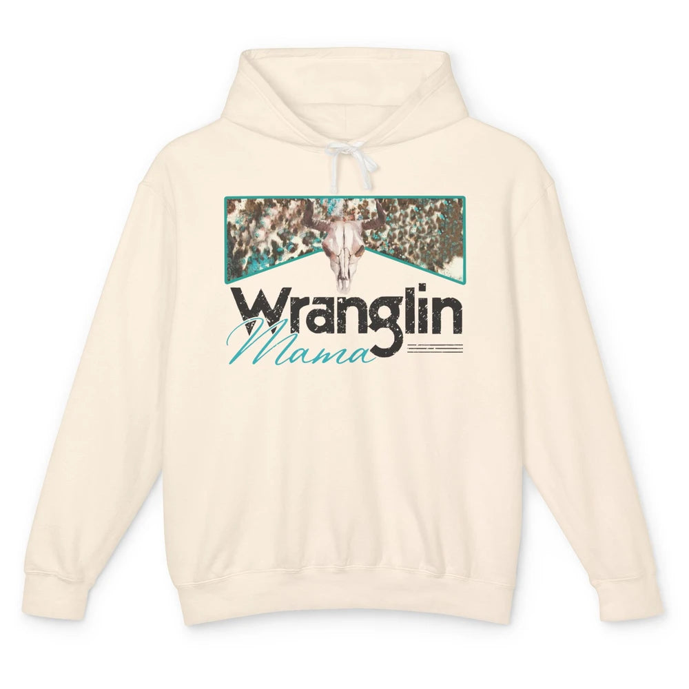 Retro Cowhide Bull Skull Wrangling Mama Western Country Girl Unisex Lightweight Hoodie
