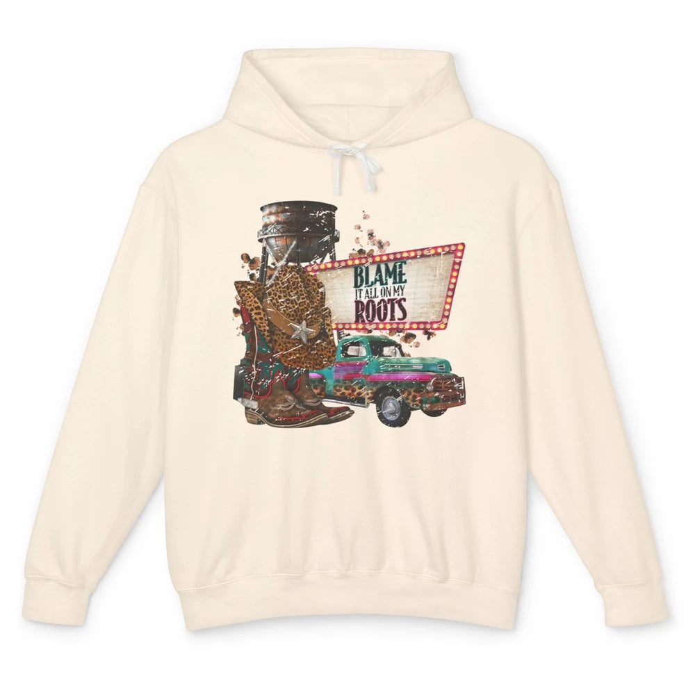 Retro Leopard Cowboy Boots Hat Blame It On My Roots Western Unisex Lightweight Hoodie