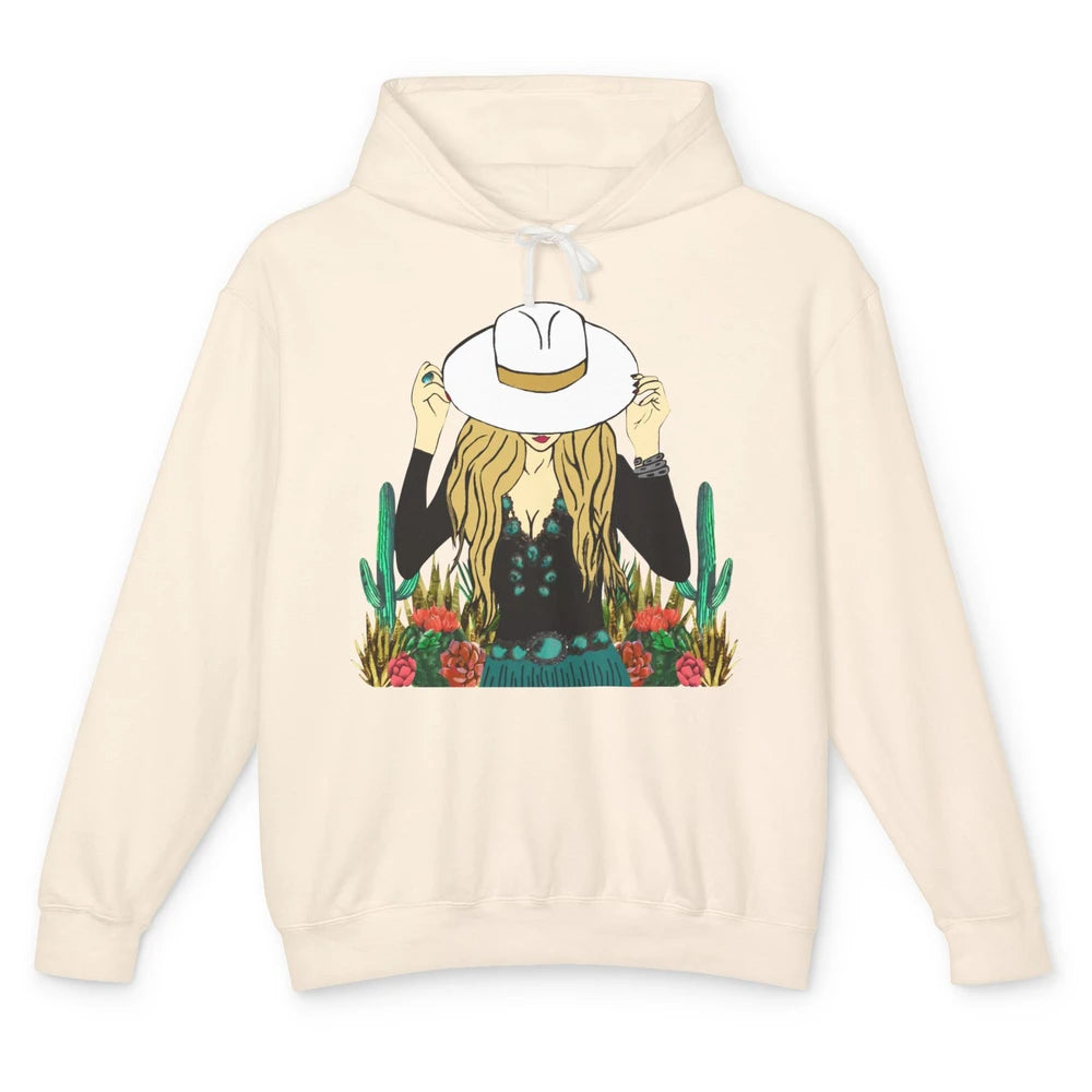 Retro Blonde Cowgirl Punchy Cowhide Turquoise Western Cowboy Unisex Lightweight Hoodie
