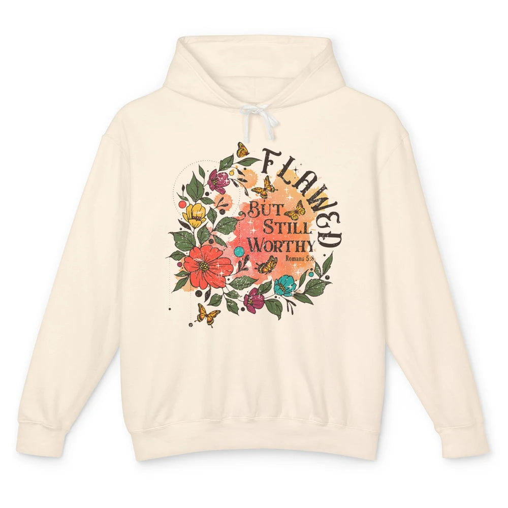 Retro Floral Flawed But Still Worthy Bible Verse Christian Unisex Lightweight Hoodie