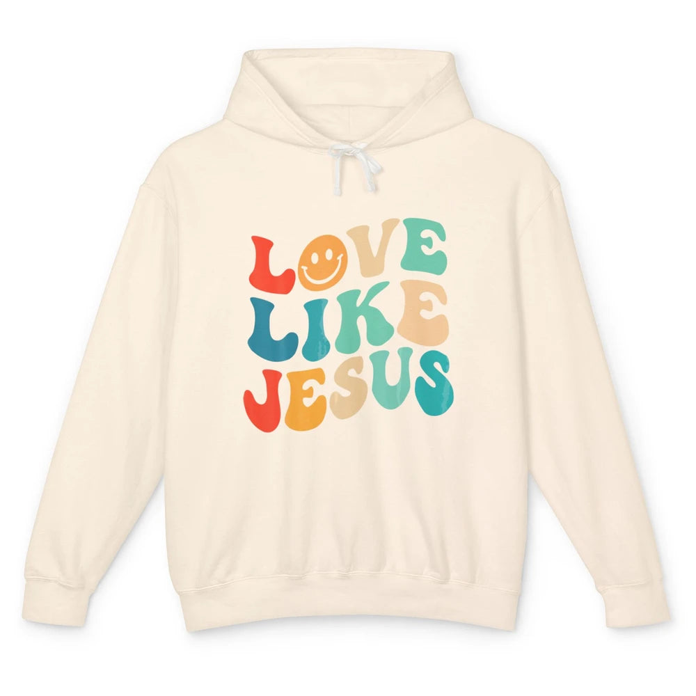 Retro Groovy Love Like Jesus Smiling Face Christ Faith God Unisex Lightweight Hoodie