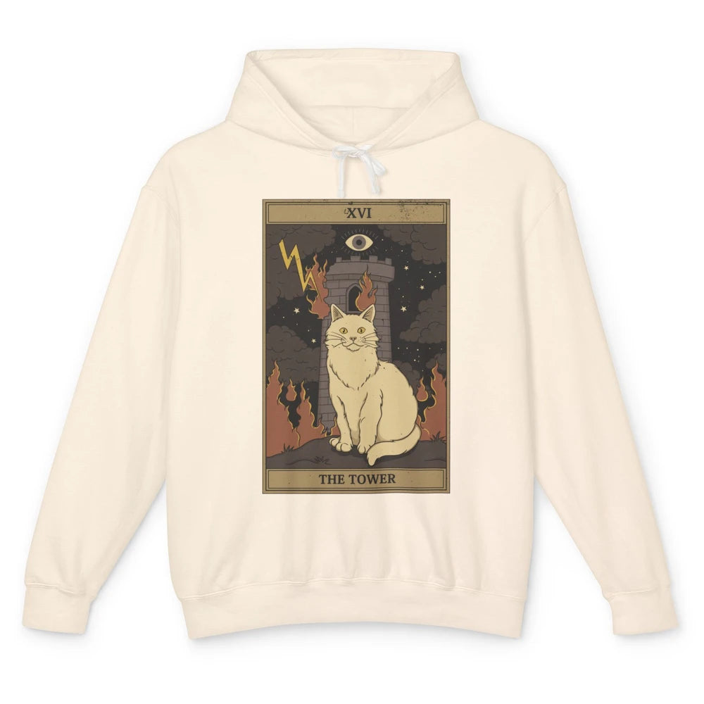 Retro Halloween Cat Witch The Tower Tarot Card Witchcraft Unisex Lightweight Hoodie
