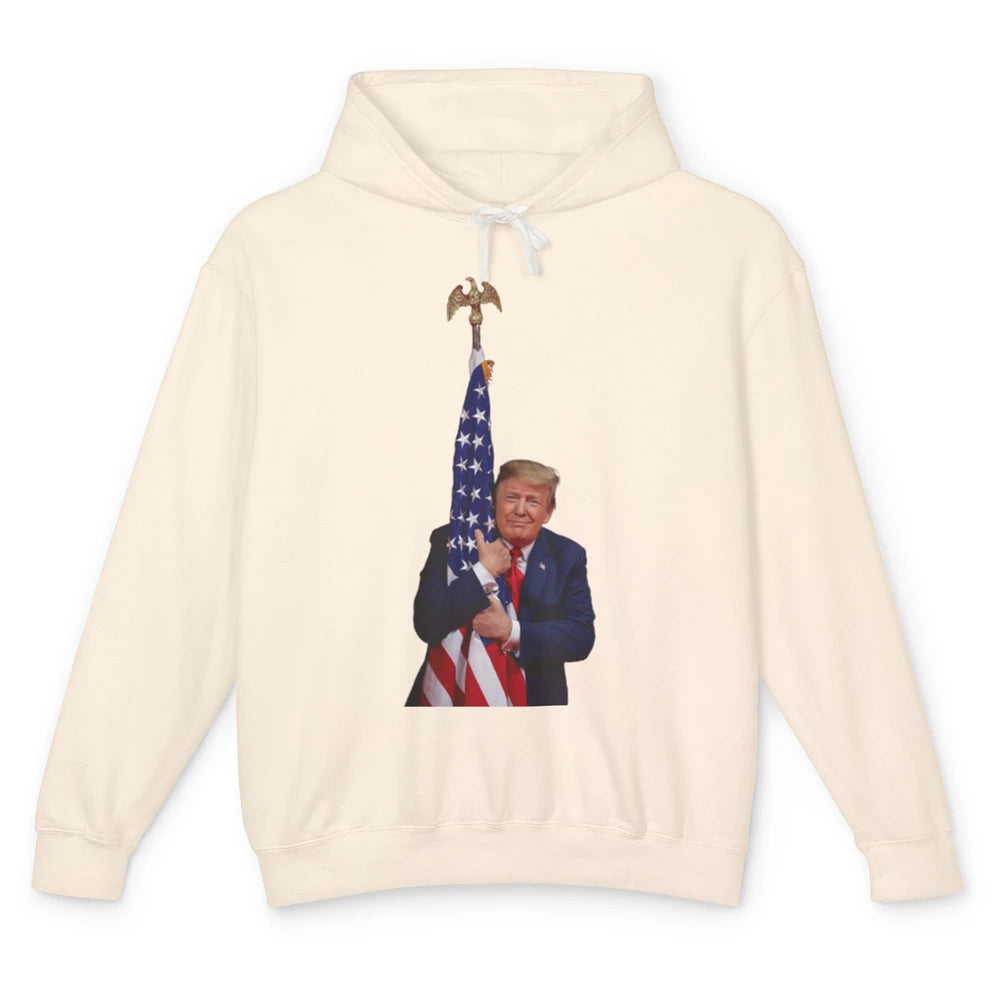 Donald Trump Hugging American Flag Vote Election Republic Unisex Lightweight Hoodie