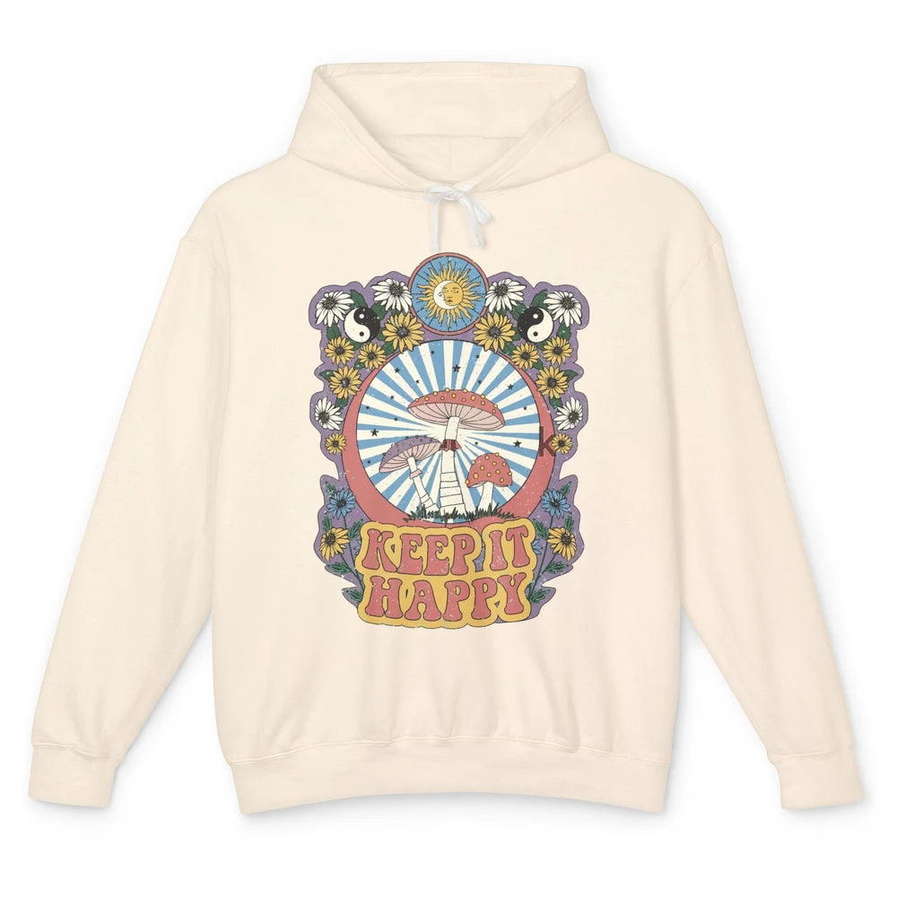 Retro Groovy Keep It Happy Mushroom Daisy Sun Positive Mind Unisex Lightweight Hoodie
