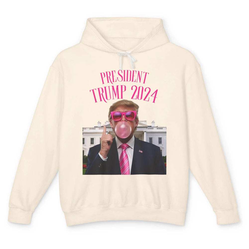 President Trump 2024 Blowing Bubble Gum Funny Trump Won Sarcastic Chewing Gum Pink Sunglasses Political Unisex Lightweight Hoodie
