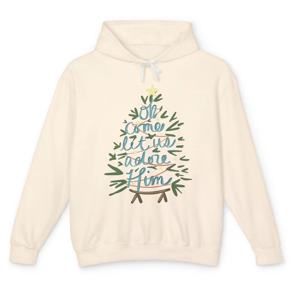 Oh Come Let Us Adore Him Groovy Christmas Tree Church Xmas Unisex Lightweight Hoodie