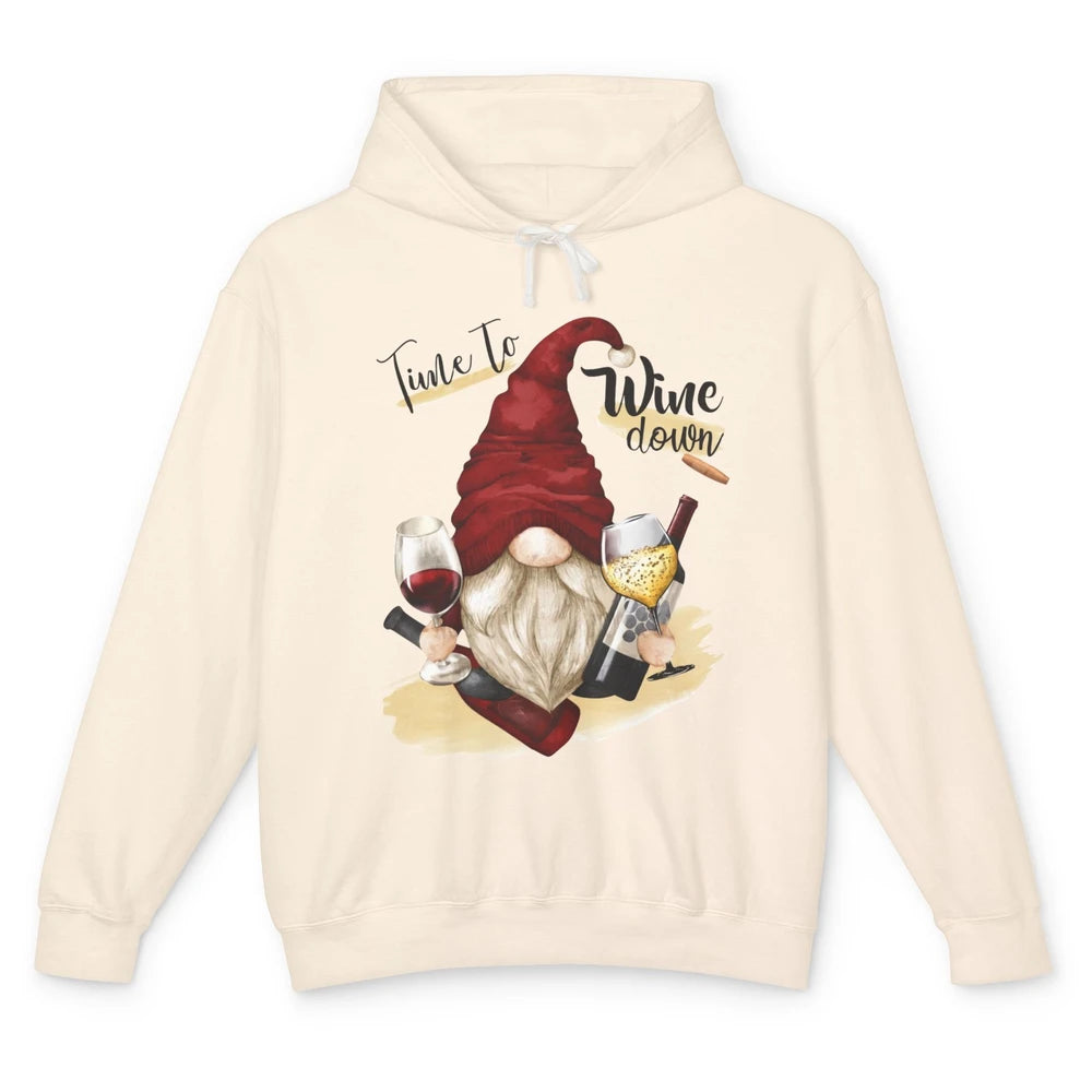 Christmas Gnome Wine It's Time to Wine Down Winter Holiday Unisex Lightweight Hoodie