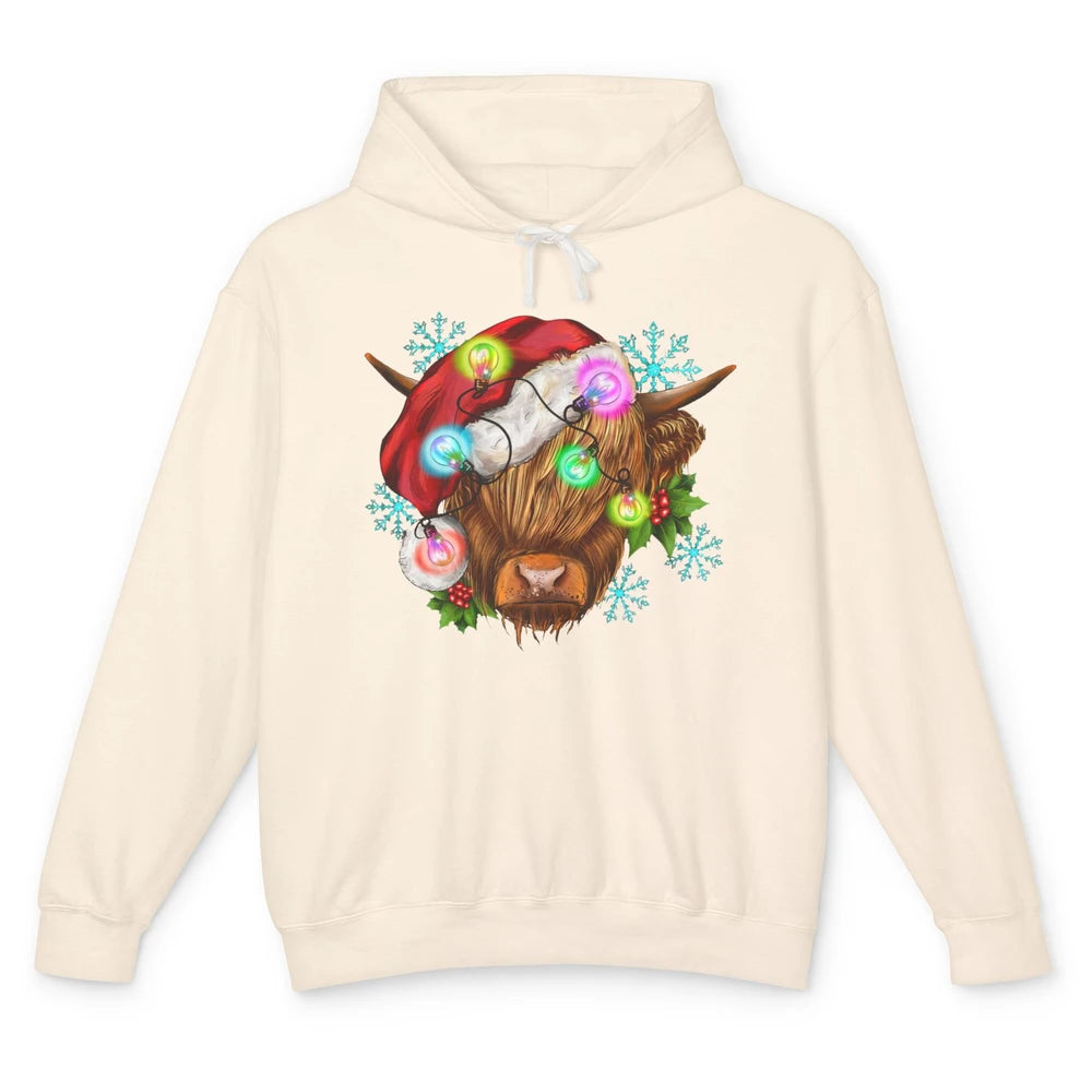 Christmas Highland Cow Xmas Light Western Christmas Cow Unisex Lightweight Hoodie