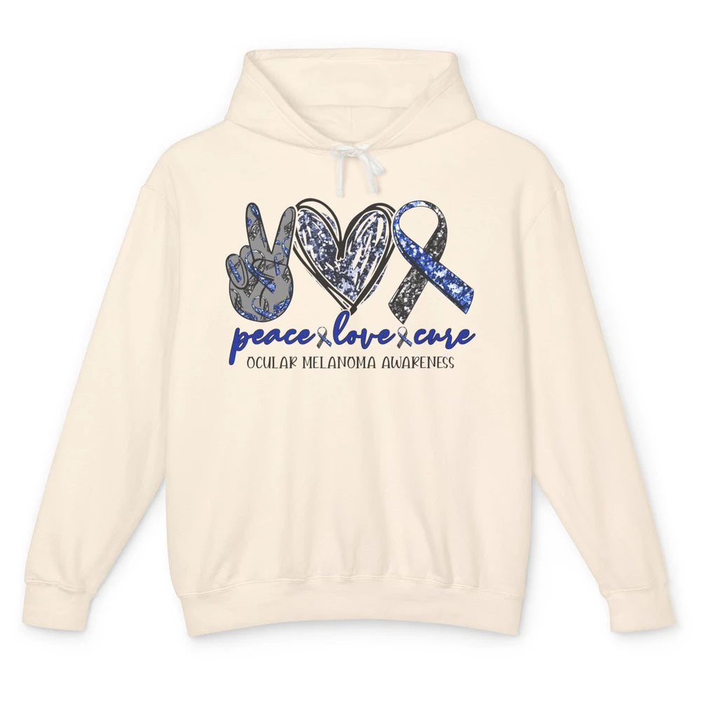 Ocular Melanoma Awareness Peace Love Cure Blue Ribbon Unisex Lightweight Hoodie