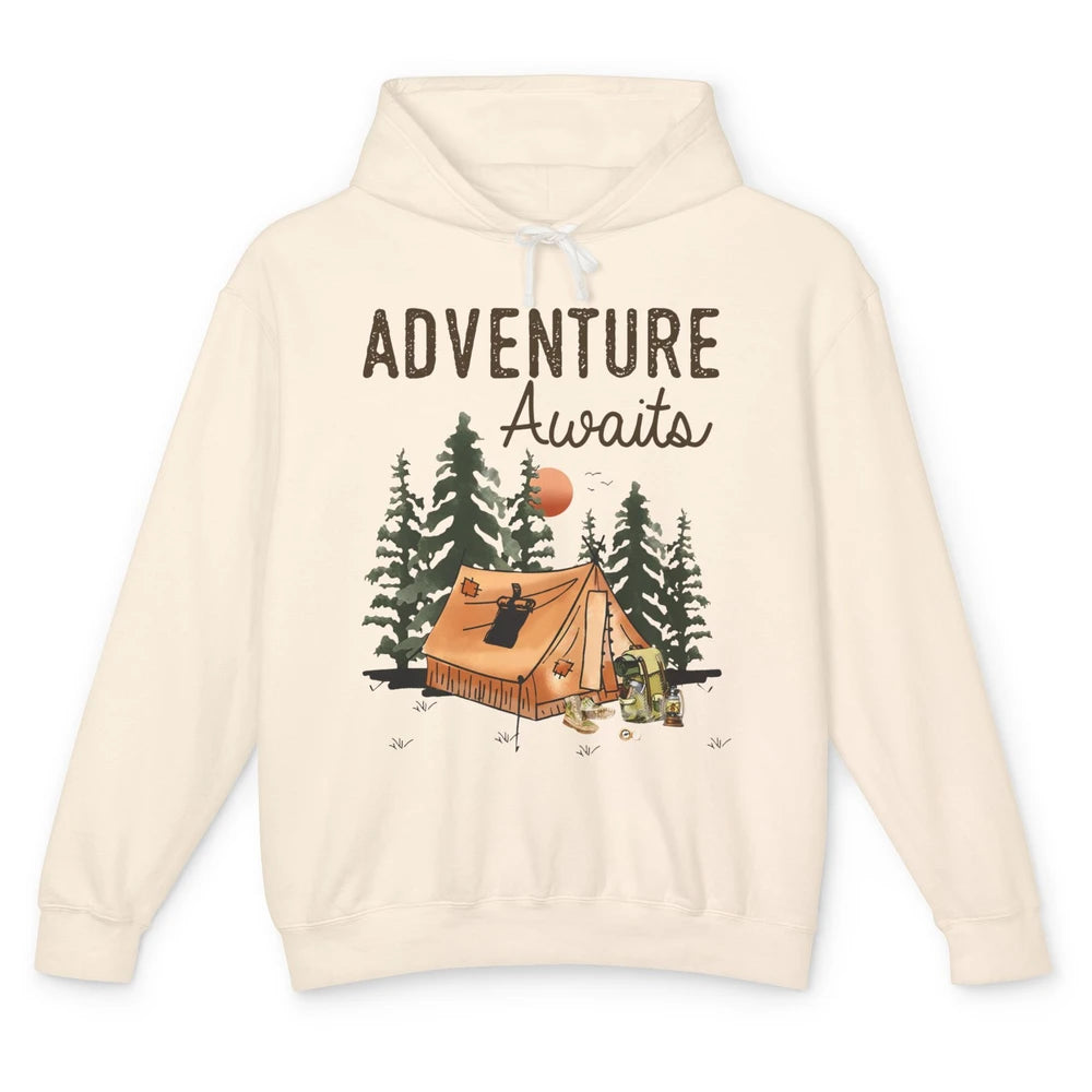 Retro Camping Tent Mountain Sunset Adventure Awaits Campers Unisex Lightweight Hoodie