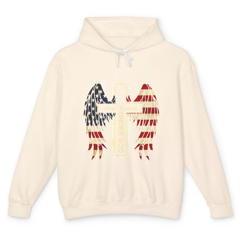 Patriotic One Nation Under God American Flag Faith Cross Unisex Lightweight Hoodie