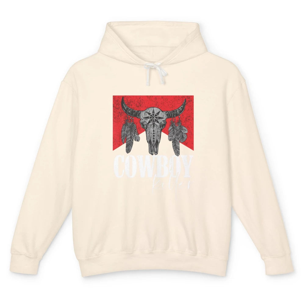 Retro Cow Skull Cowboy Killer Punchy Bull Western Country Unisex Lightweight Hoodie