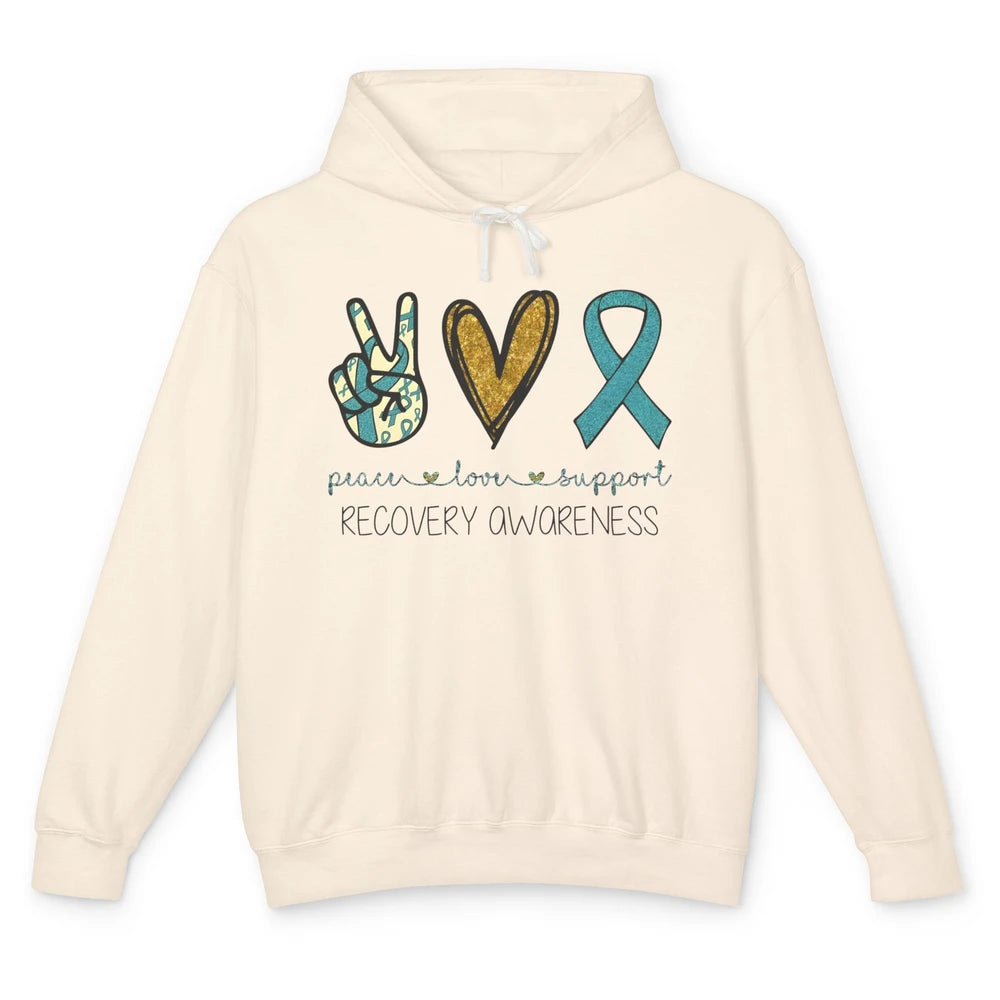 Peace Love Support Addiction Recovery Awareness Blue Ribbon Unisex Lightweight Hoodie
