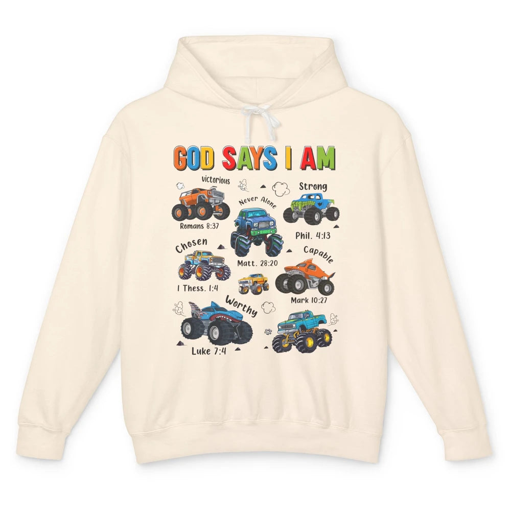 Monster Truck Christian God Say I'm Bible Verse Construction Unisex Lightweight Hoodie