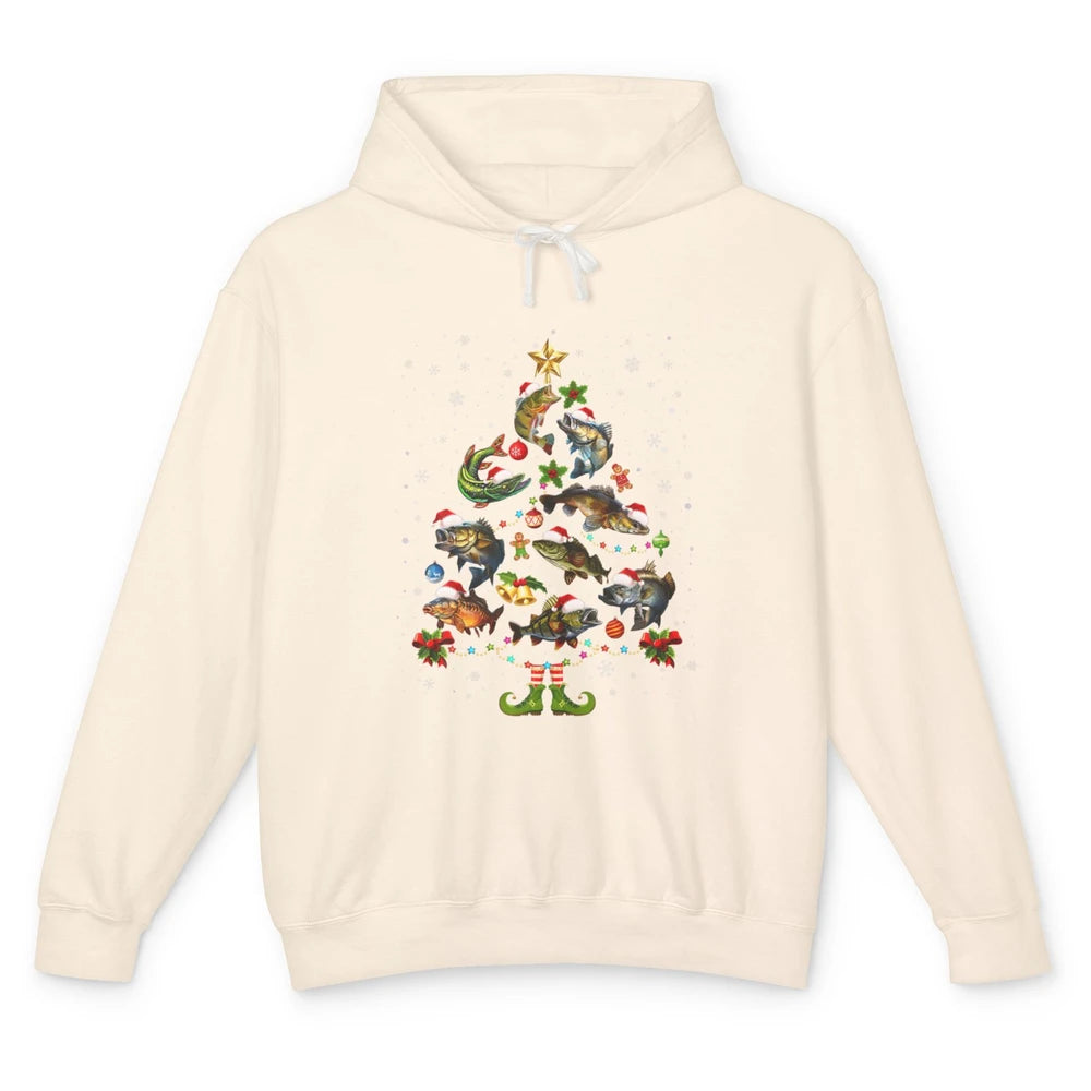Merry Christmas Fishmas Fishing Tree Fisherman Xmas Lights Unisex Lightweight Hoodie