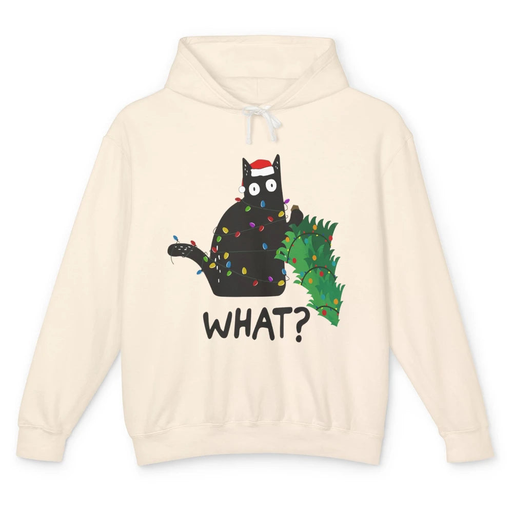 Black Cat Pushing Christmas Tree What Xmas Lights Santa Hat Unisex Lightweight Hoodie