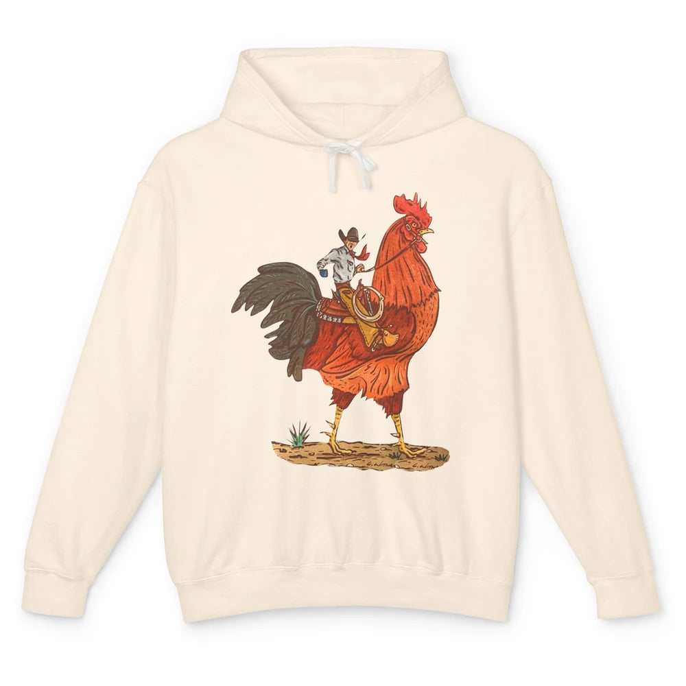 Retro Cowboy Riding Rooster Funny Western Country Cowboy Unisex Lightweight Hoodie