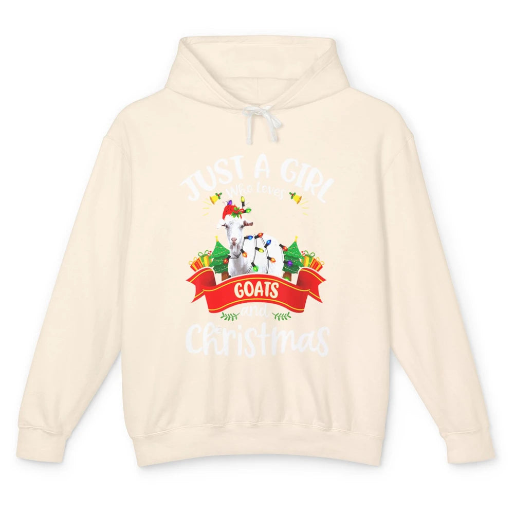 Merry Christmas Just Girl Loves Goat And Xmas Tree Lights Unisex Lightweight Hoodie