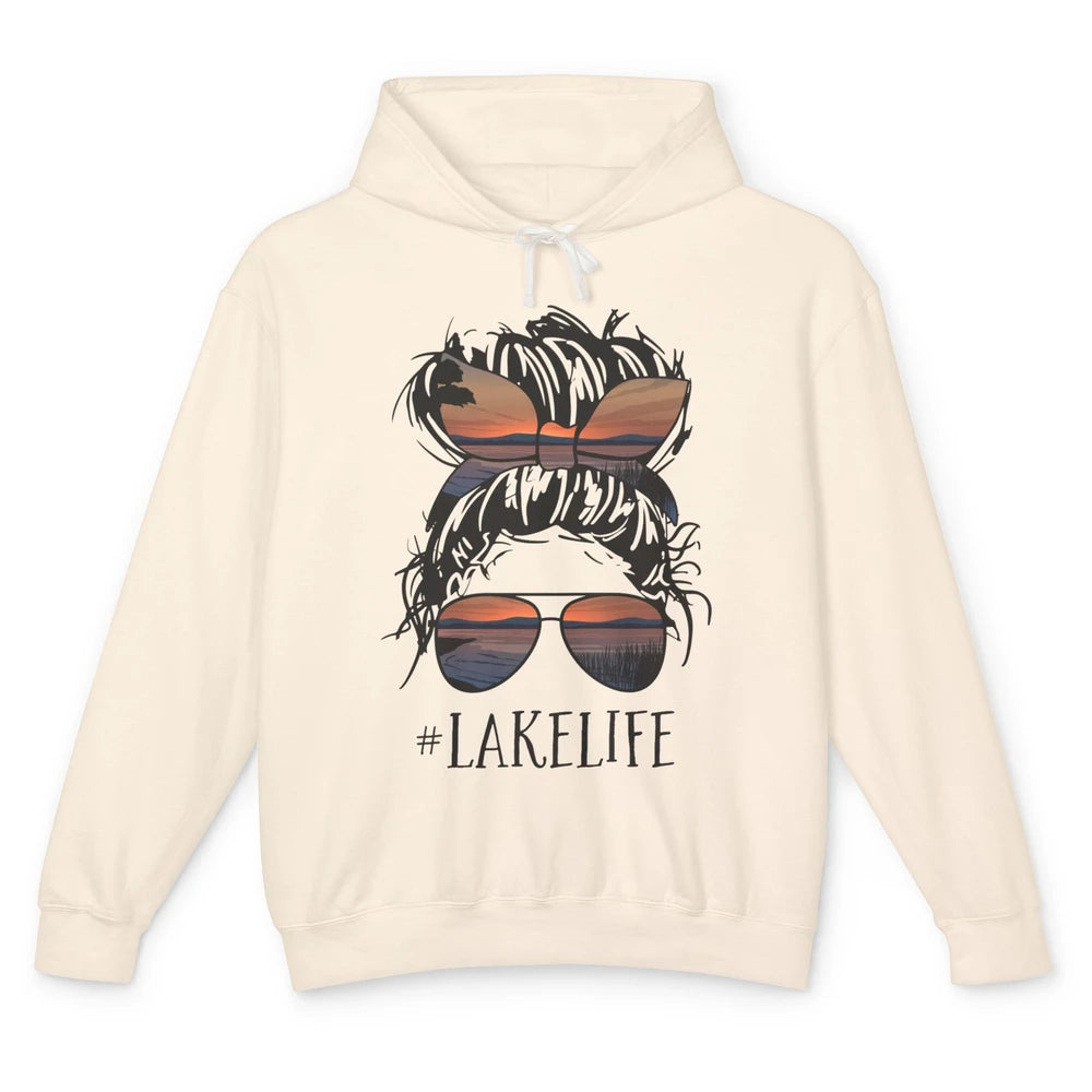 Lake Life Messy Bun Hair Girl Women Retro Lake Summer Gift Unisex Lightweight Hoodie
