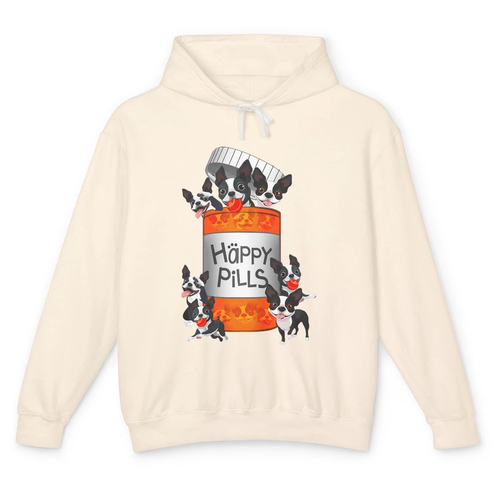 Funny Boston Terrier Happy Pills Cute Dog Pet Positive Vibe Unisex Lightweight Hoodie