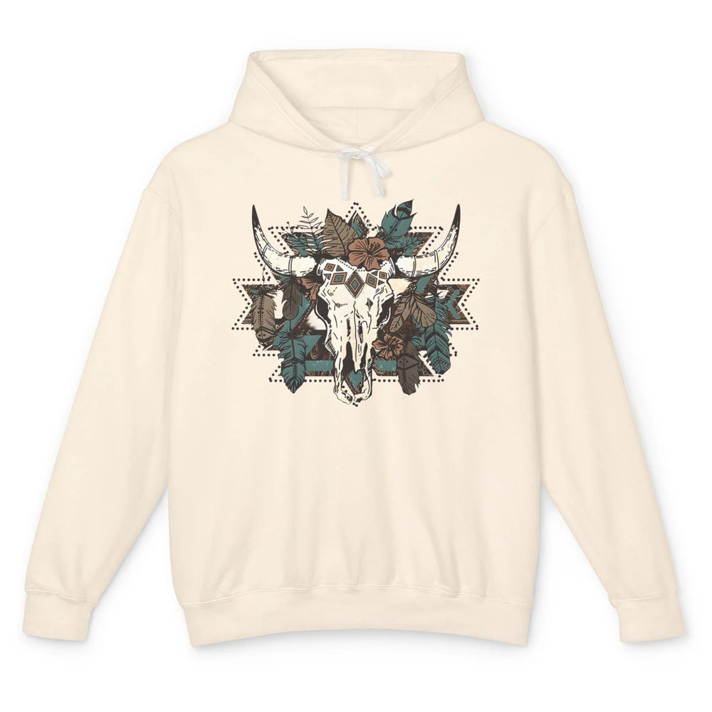 Retro Boho Bull Skull Aztec Desert Cactus Western Country Unisex Lightweight Hoodie