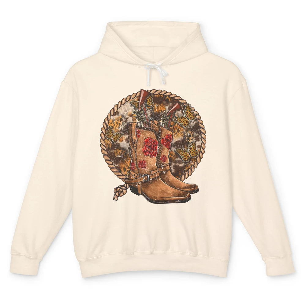 Retro Leopard Cowgirl Boots Sunflower Rodeo Western Country Unisex Lightweight Hoodie