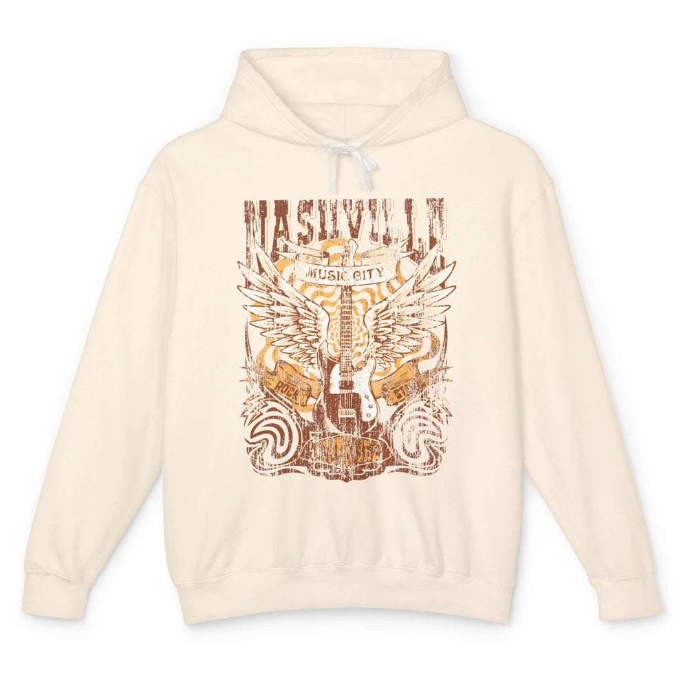 Retro Guitar Nashville Music City Western Country Music Unisex Lightweight Hoodie