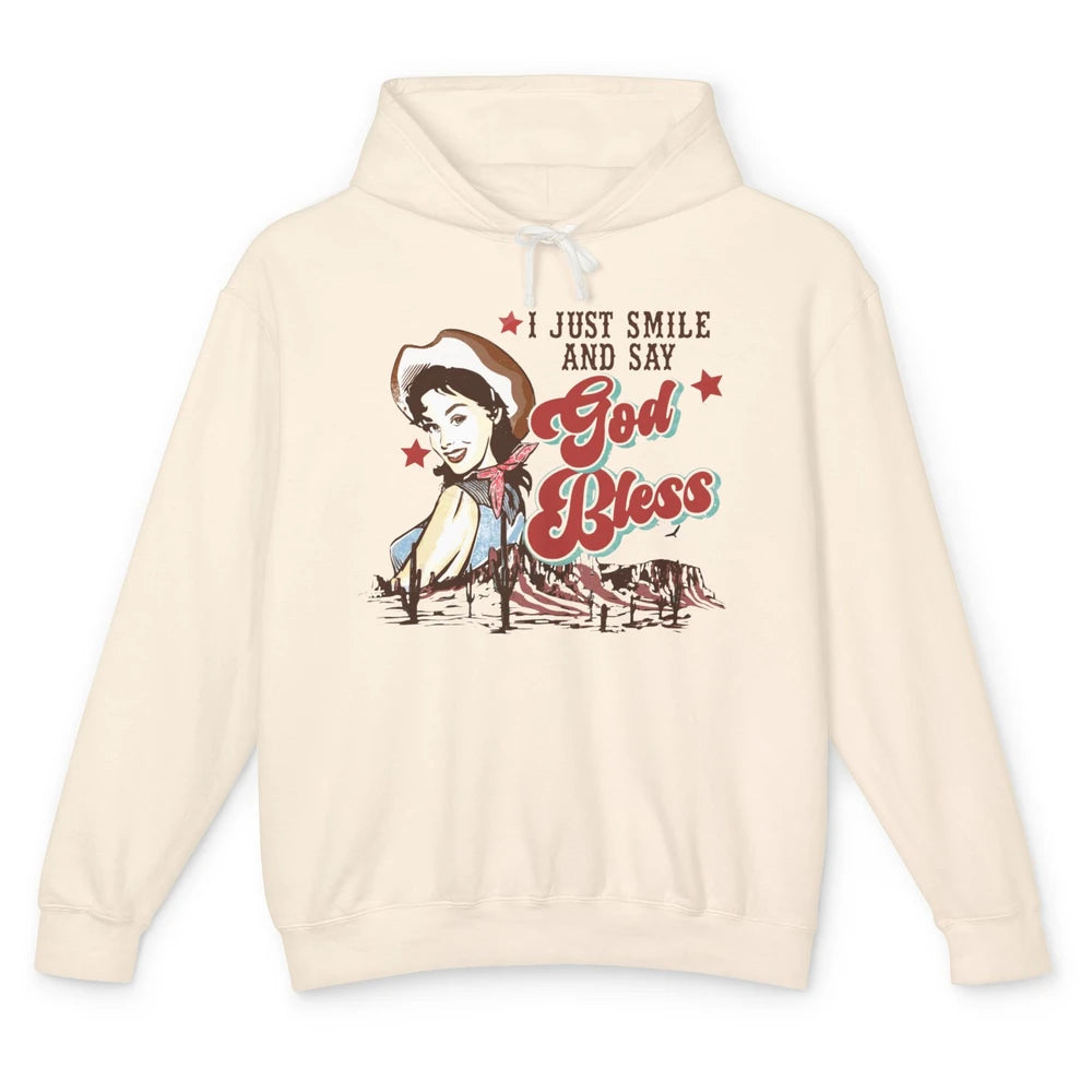 Retro Cowgirl Just Smile And Say God Bless Western Desert Unisex Lightweight Hoodie