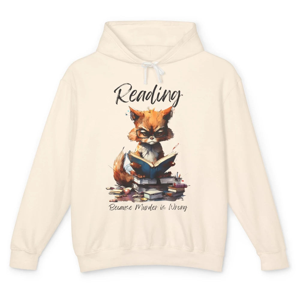 Retro Funny Cat Reading Because Murder Is Wrong Booknerd Unisex Lightweight Hoodie