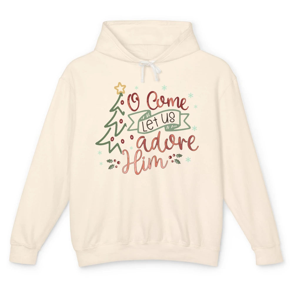 Retro Christmas Tree O Come Let Us Adore Him Christian Jesus Unisex Lightweight Hoodie