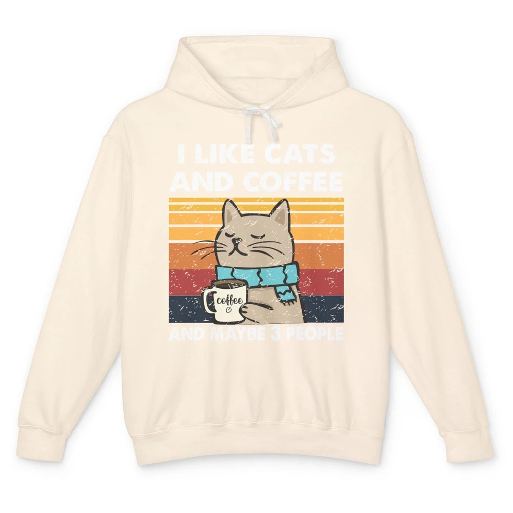 Retro Funny Fall Cat I Like Cats Coffee And Maybe 3 People Unisex Lightweight Hoodie