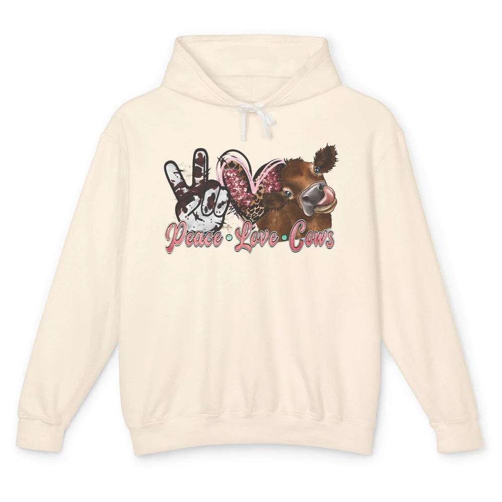 Peace Love Cows Farm Animals Western Cowhide Cow Lovers Gift Unisex Lightweight Hoodie