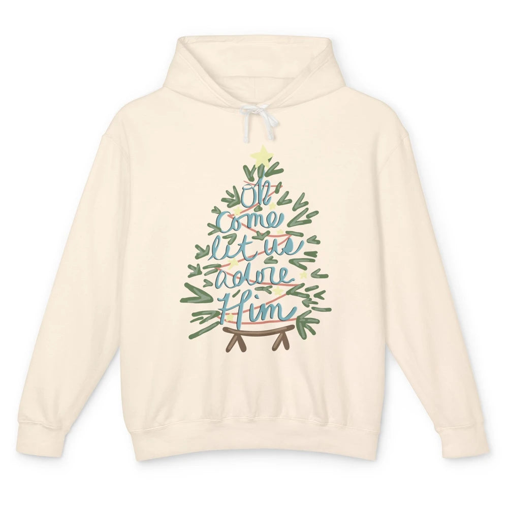 Retro Christmas Tree Oh Come Let Us Adore Him Groovy Xmas Unisex Lightweight Hoodie
