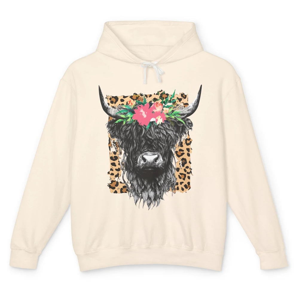 Leopard Floral Highland Cow Heifer Cattles Western Country Unisex Lightweight Hoodie