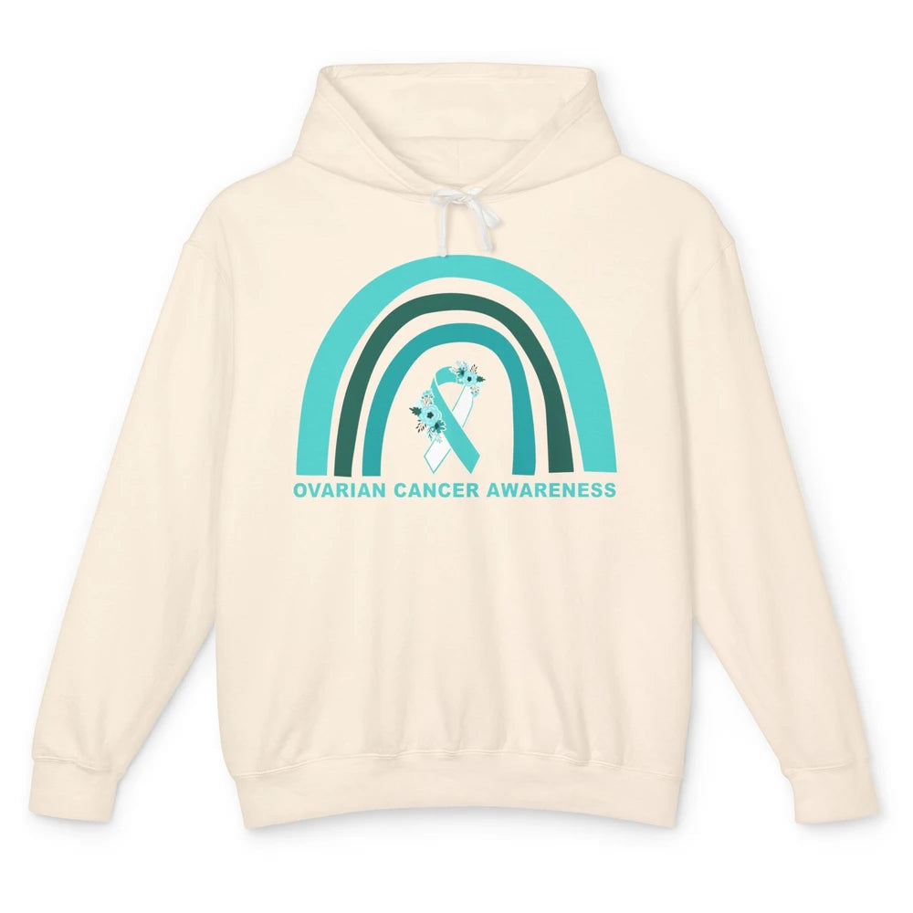 Ovarian Cancer Awareness Support Floral Turquoise Rainbow Unisex Lightweight Hoodie