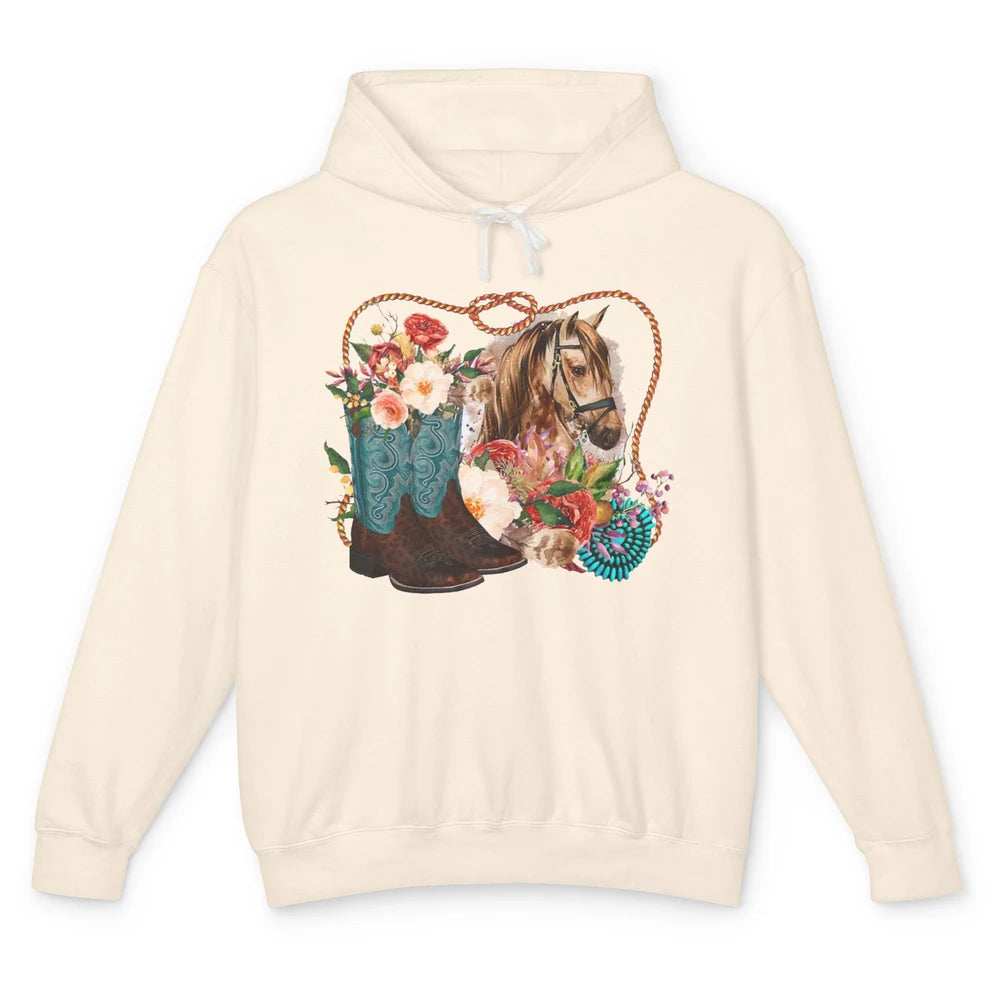 Retro Floral Cowboy Boots And Horse Western Country Cowgirl Unisex Lightweight Hoodie