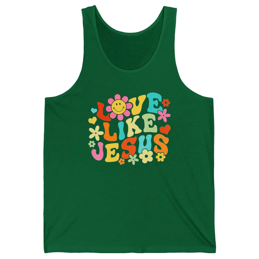 Retro Groovy Love Like Jesus Smiling Face Daisy Boho God Unisex Jersey Tank