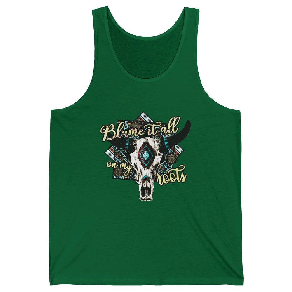 Retro Boot Blame It All On My Root Cow Skull Western Cowboy Unisex Jersey Tank