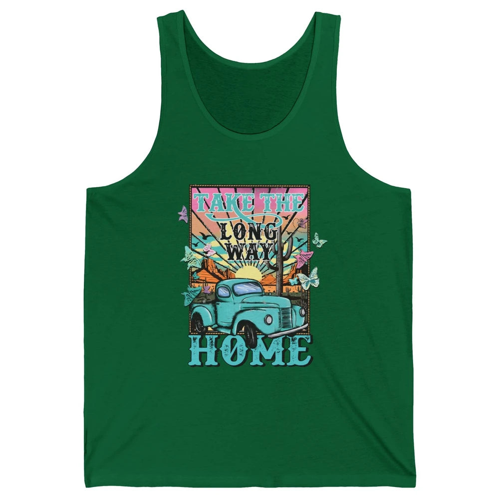 Retro Mountain Sunset Take The Long Way Home Western Country Unisex Jersey Tank