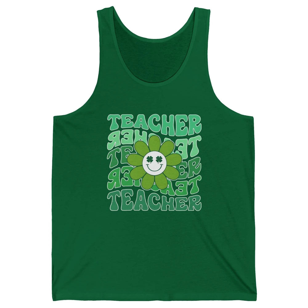 Retro Groovy Wavy Teacher Smiling Face Daisy St Patricks Day Unisex Jersey Tank