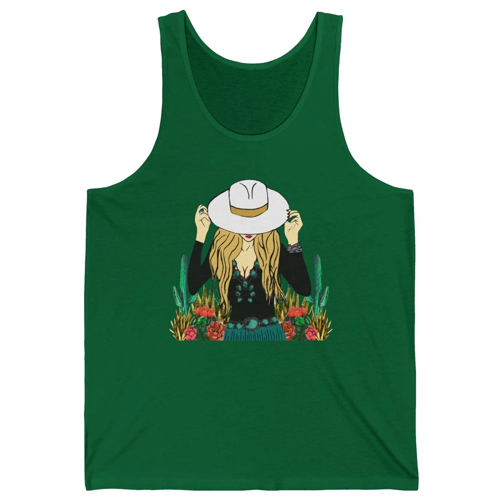 Retro Blonde Cowgirl Punchy Cowhide Turquoise Western Cowboy Unisex Jersey Tank