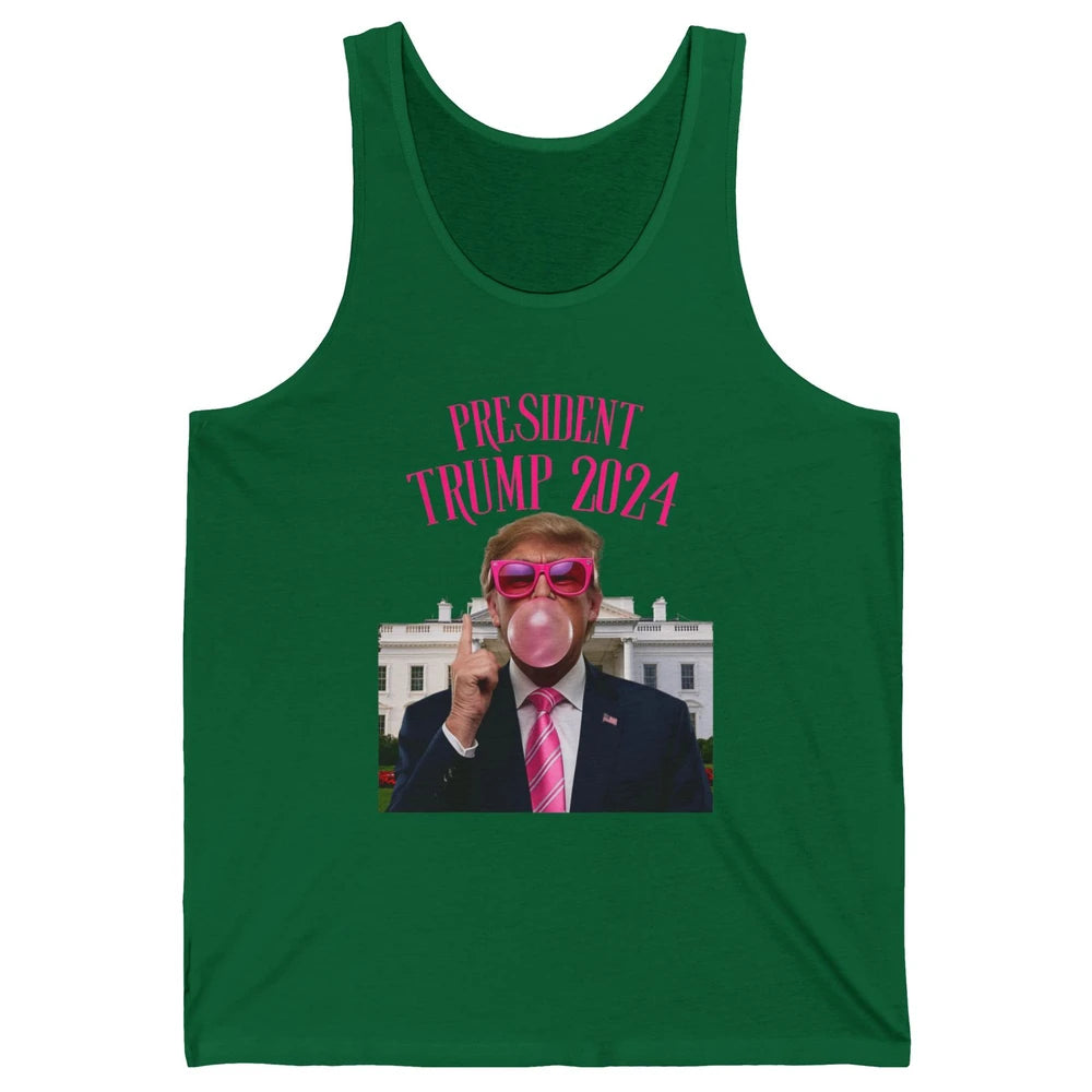 President Trump 2024 Blowing Bubble Gum Funny Trump Won Sarcastic Chewing Gum Pink Sunglasses Political Unisex Jersey Tank