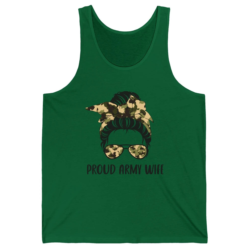 Proud Army Wife Messy Bun Hair Proud Wife Of A US Soldier Unisex Jersey Tank