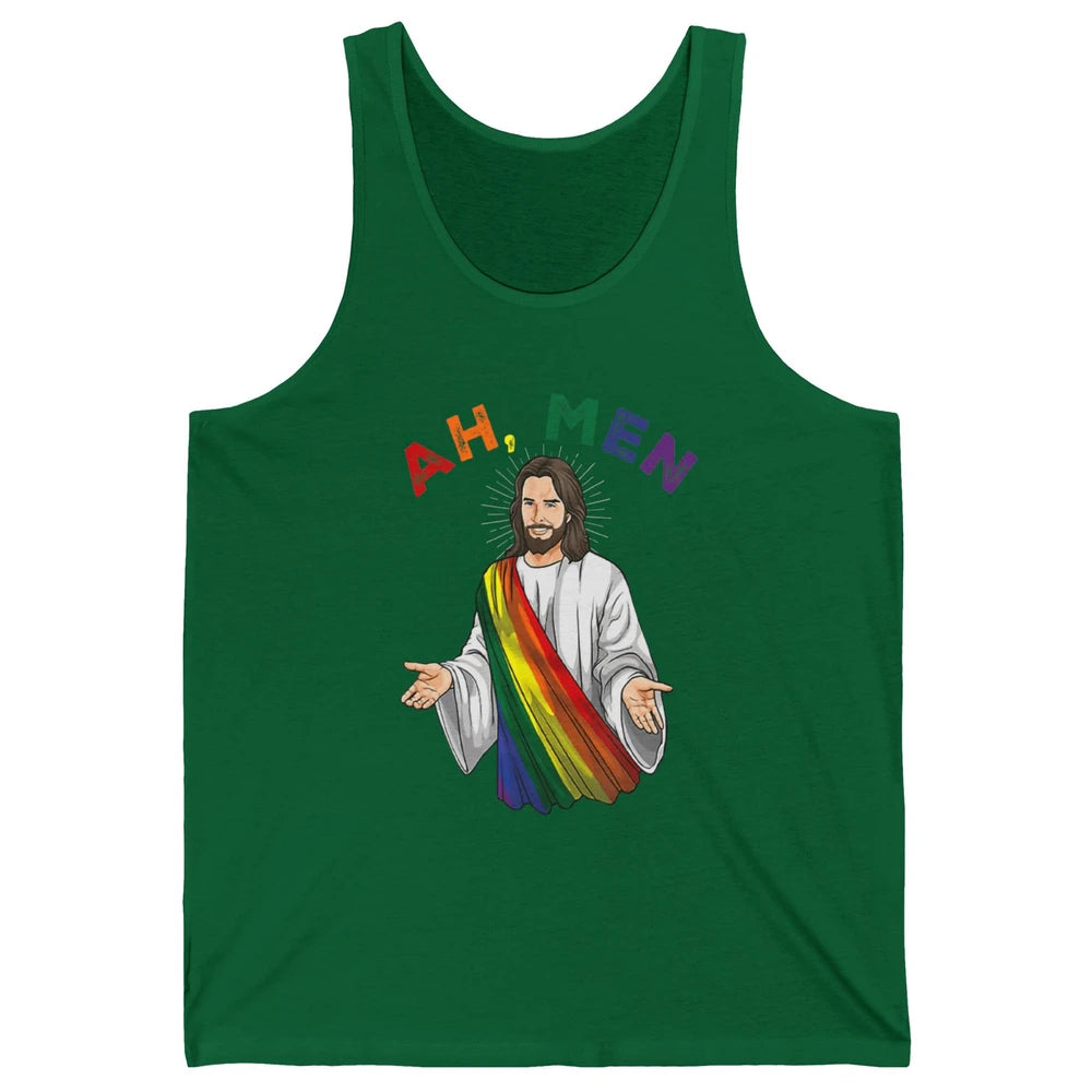 Ah Men LGBT Gay Pride Jesus Christian God Rainbow Flag Love Unisex Jersey Tank