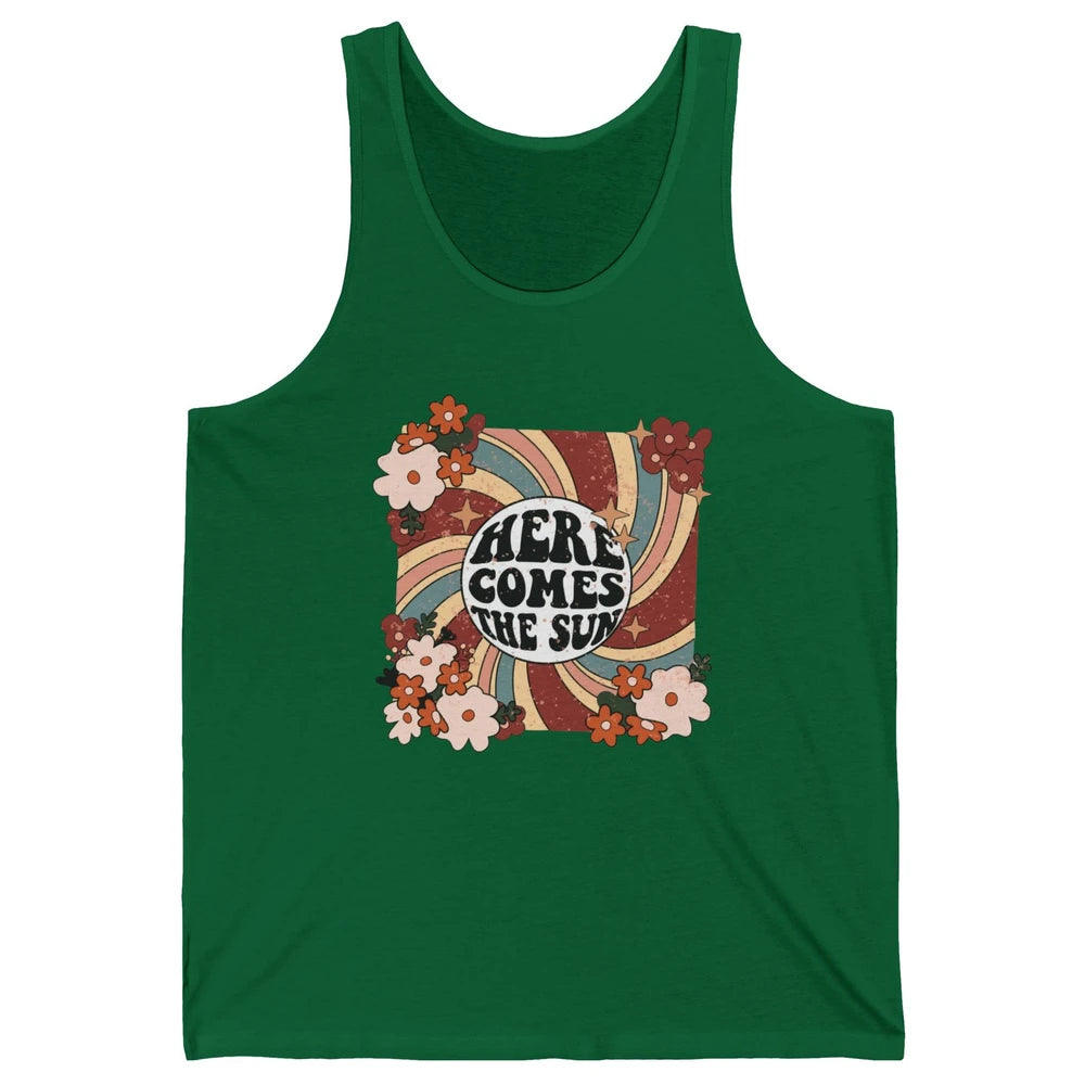 Retro Rainbow Sunrise Here Come The Sun Hippie Inspirational Unisex Jersey Tank