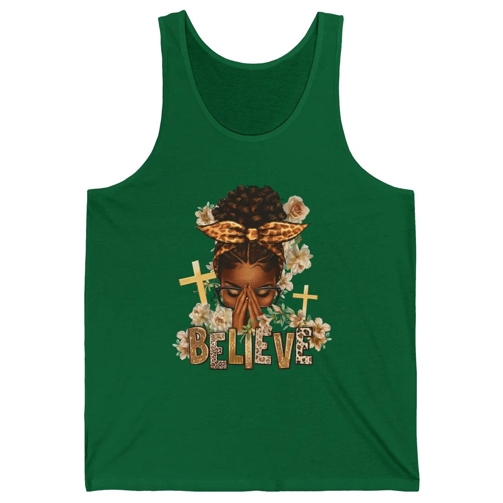 Floral Leopard Afro Messy Bun Believe Christian Religious Unisex Jersey Tank