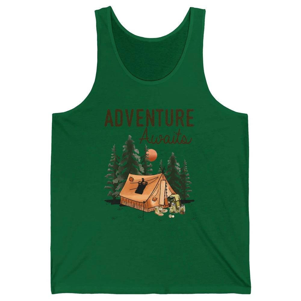 Retro Camping Tent Mountain Sunset Adventure Awaits Campers Unisex Jersey Tank