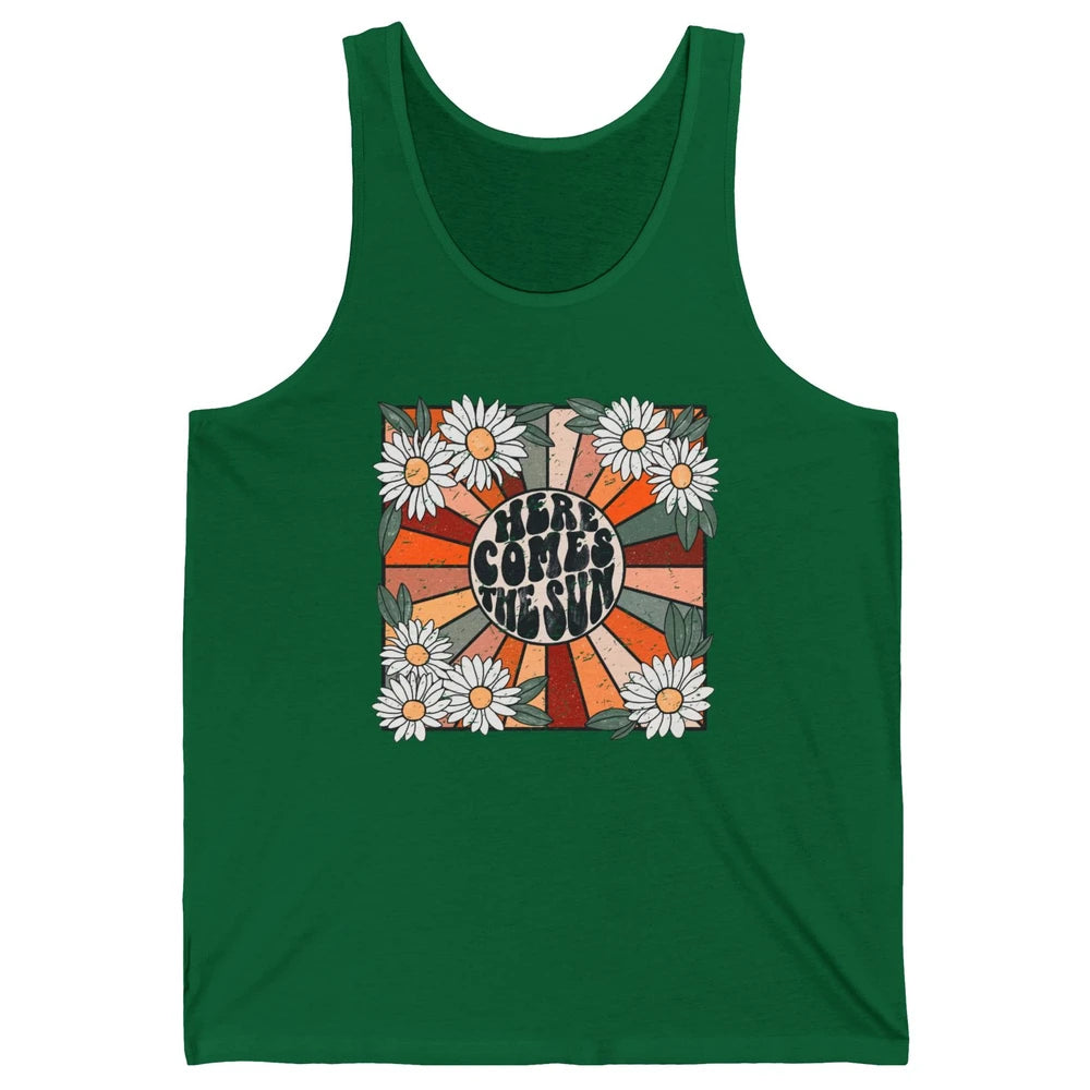 Retro Daisy Rainbow Sunrise Here Comes The Sun Hippie Girl Unisex Jersey Tank