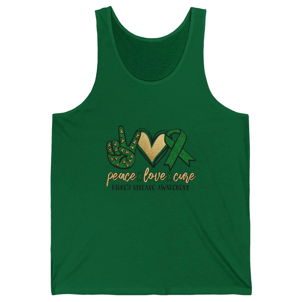 Peace Love Cure Kidney Disease Awareness Green Ribbon Heart Unisex Jersey Tank